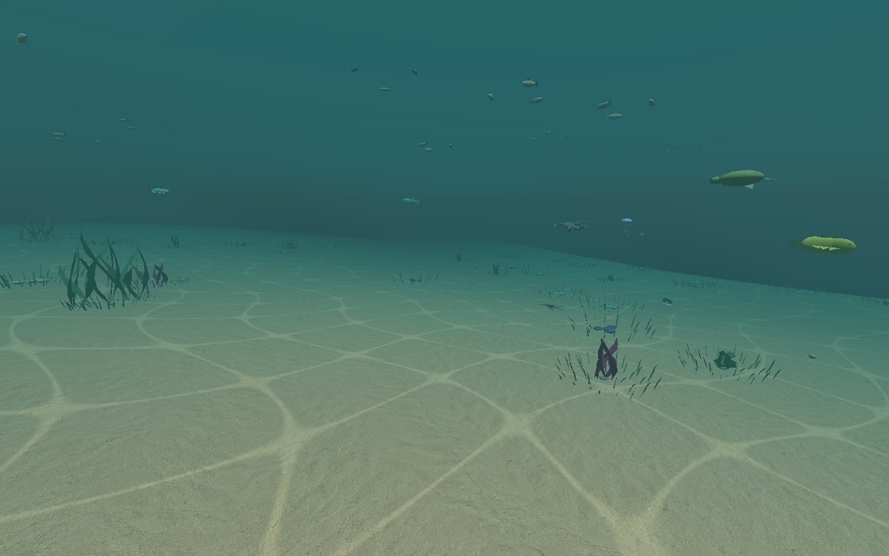 Fish and jellyfish above a sandy seabed with aquatic plants and rippling light in Yonder Online